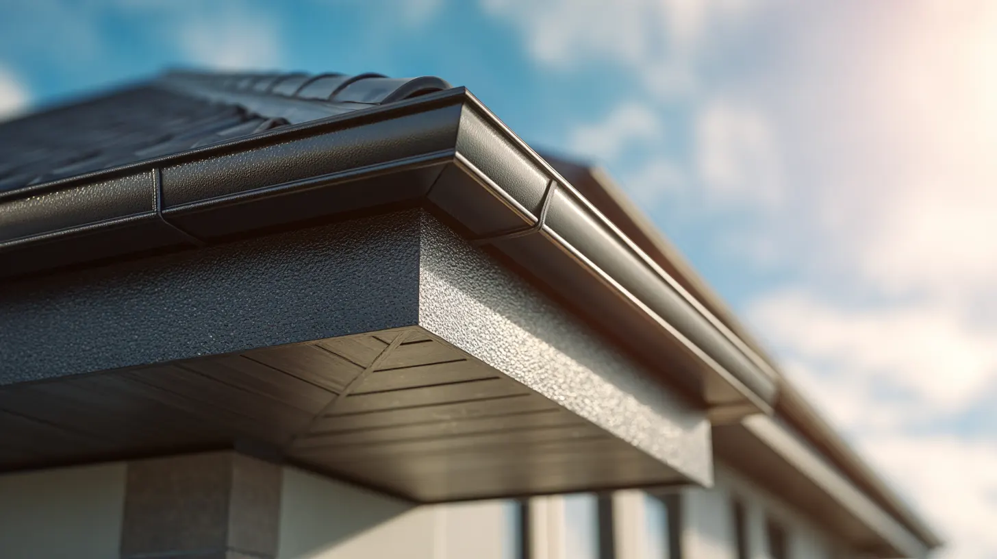 Dark grey seamless aluminium guttering on a modern hipped roof