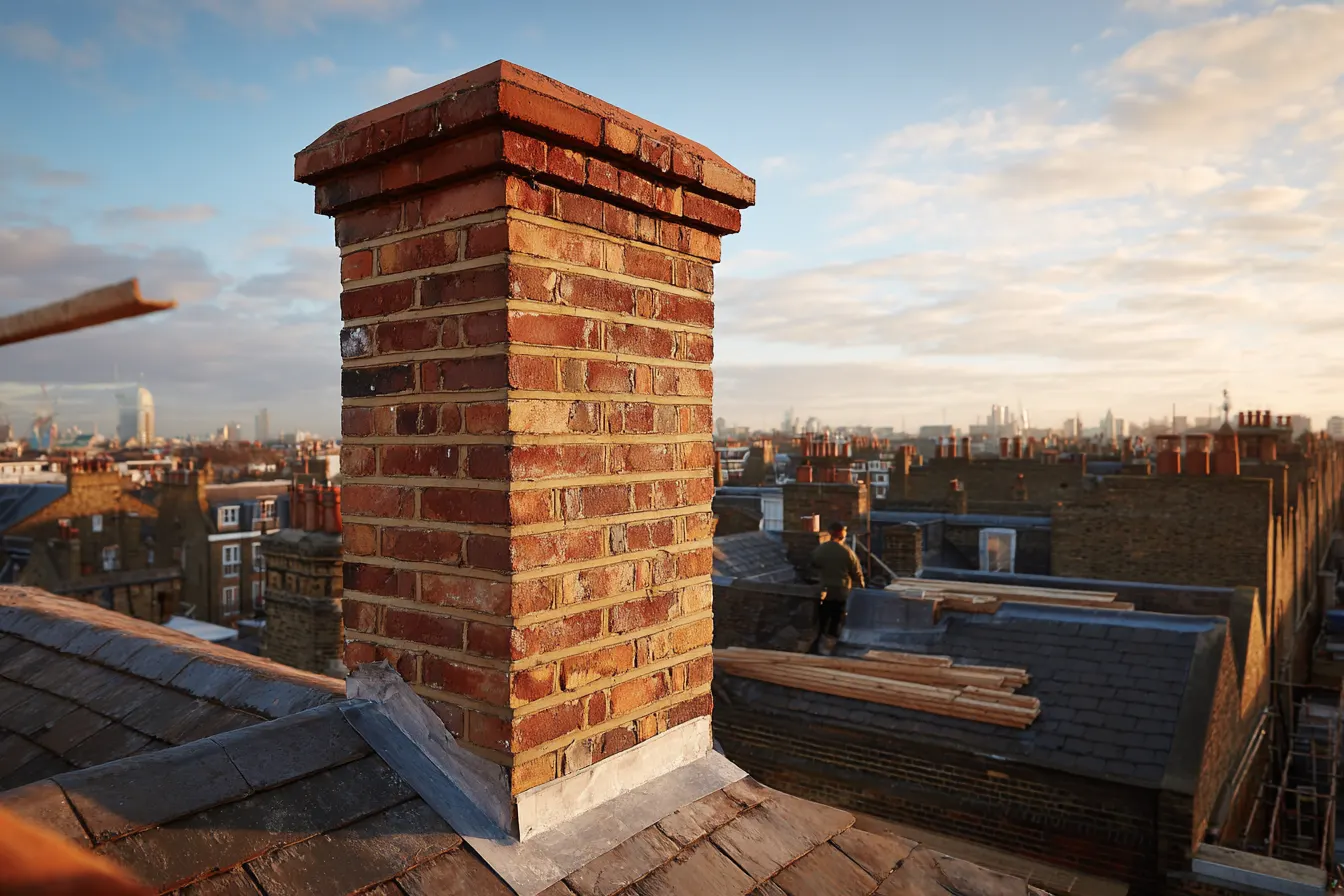 Repointed brick chimney stack with new lead flashing on a tiled roof