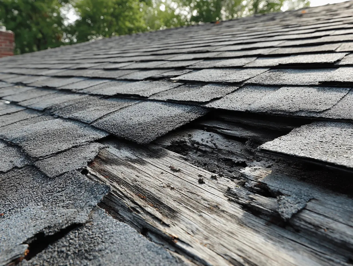 Roofer repairing damaged roof tiles and rotten timber on a pitched roof in Gerrards Cross