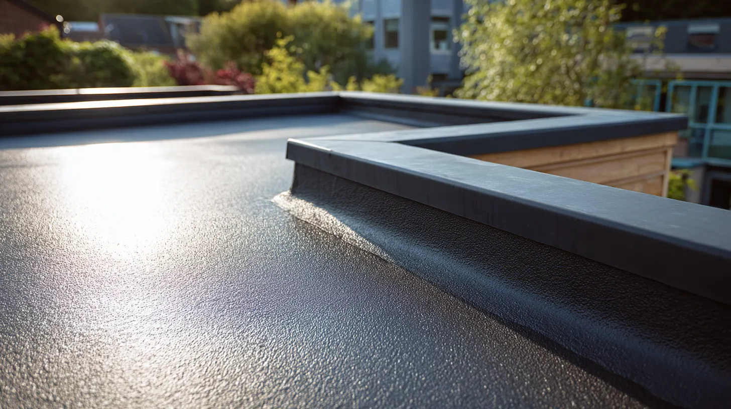 New grey GRP fibreglass flat roof with neat edge trims on a house extension