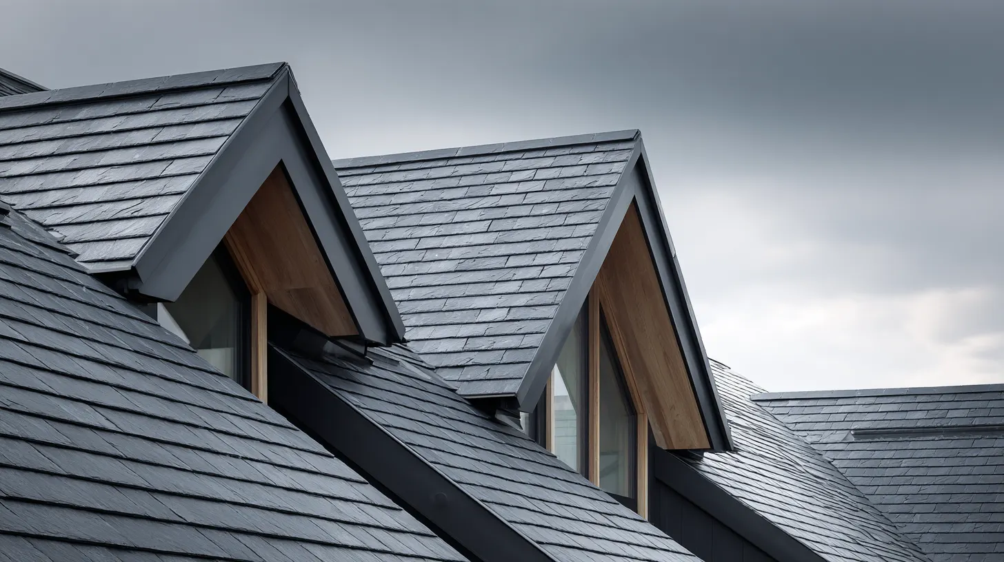 Newly installed natural slate roof with timber-clad dormer windows