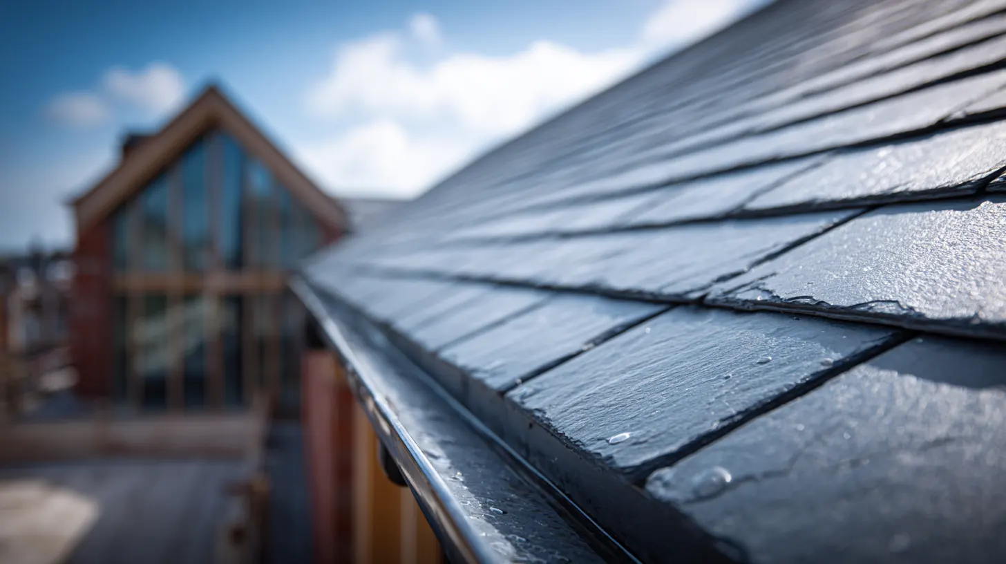 Clean slate roof and gutter edge after professional roof cleaning